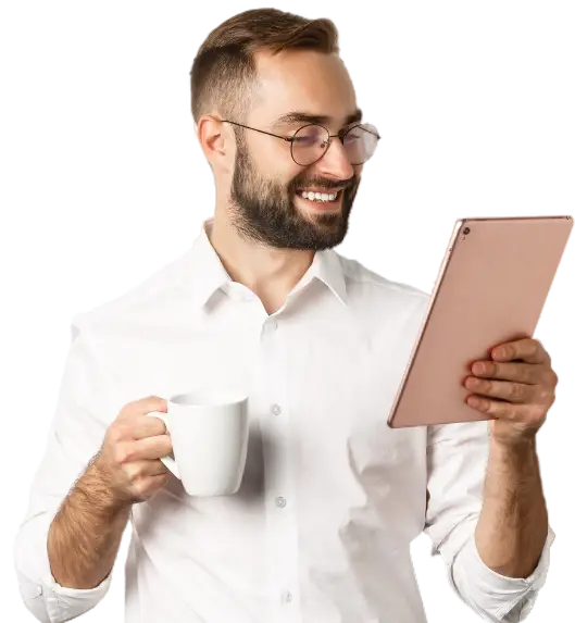 handsome-businessman-drinking-coffee-reading-digital-tablet-smiling-pleased-standing